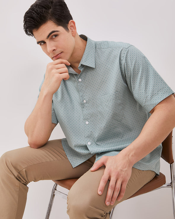 Men's Printed Sage Green Short Sleeve Shirt