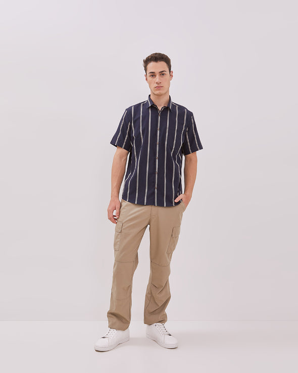 Navy Striped Short Sleeve Shirt For Men