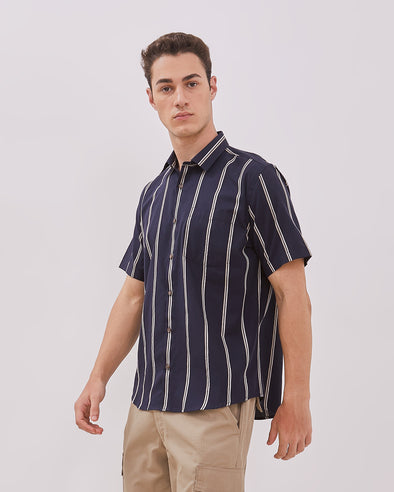 Navy Striped Short Sleeve Shirt For Men
