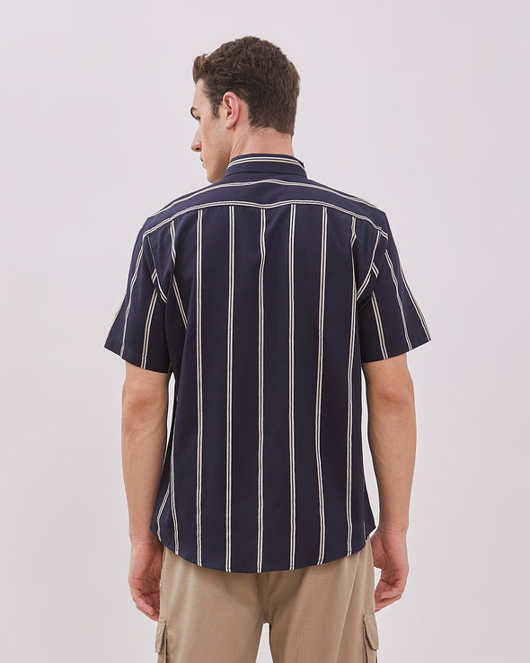 Navy Striped Short Sleeve Shirt For Men