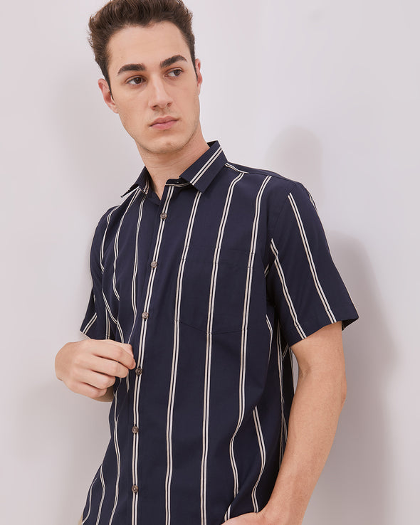 Navy Striped Short Sleeve Shirt For Men