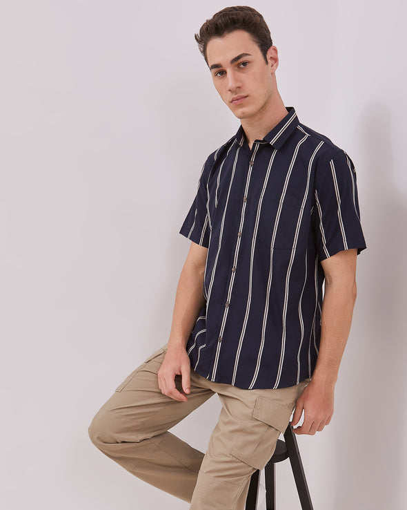 Navy Striped Short Sleeve Shirt For Men