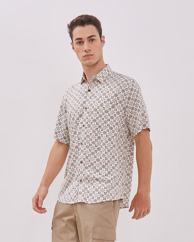 Short Sleeve Shirt Geometric Cream Motif Men