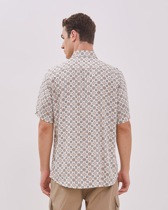 Short Sleeve Shirt Geometric Cream Motif Men