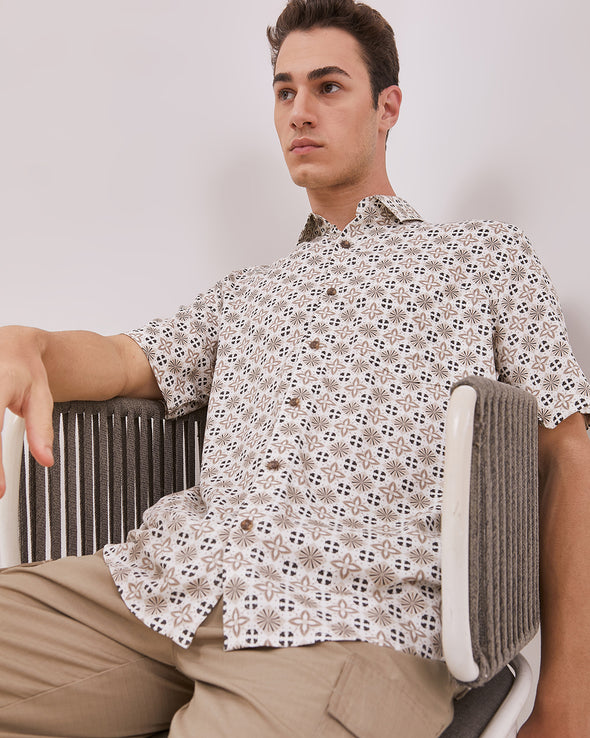 Short Sleeve Shirt Geometric Cream Motif Men
