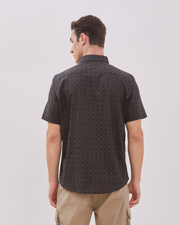 Short Sleeve Shirt With Navy Print Motif For Men