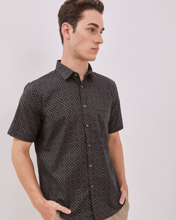 Short Sleeve Shirt With Navy Print Motif For Men