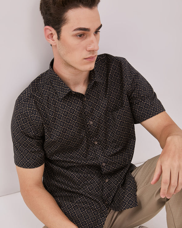 Short Sleeve Shirt With Navy Print Motif For Men
