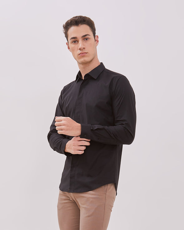 Black Slim Fit Long Sleeve Shirt For Men