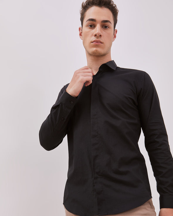 Black Slim Fit Long Sleeve Shirt For Men