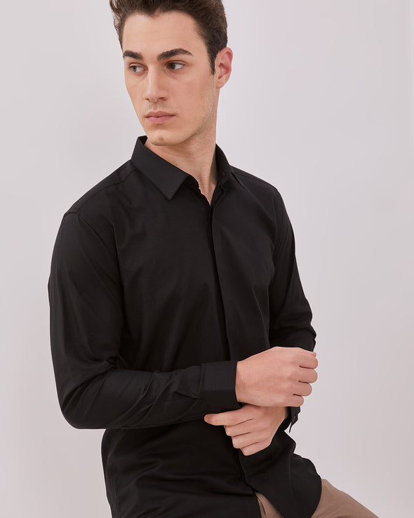 Black Slim Fit Long Sleeve Shirt For Men