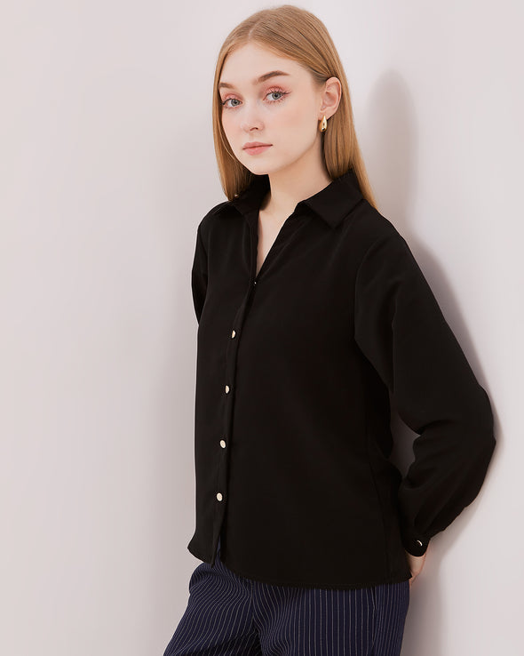 Women's Black V-Neck Long Sleeved Shirt