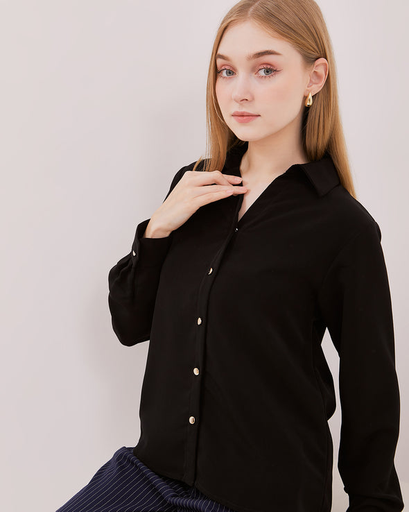Women's Black V-Neck Long Sleeved Shirt