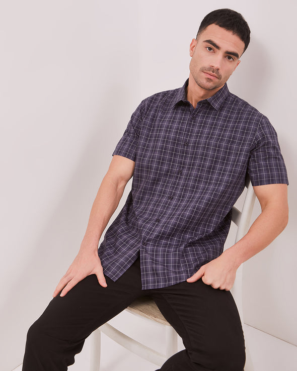 Men's Navy Pattern Regular Fit Short Sleeve Shirt