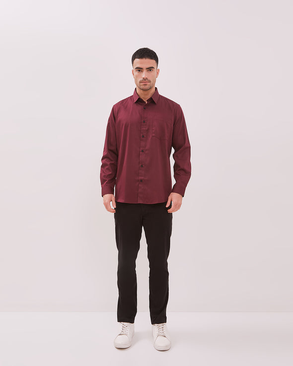 Maroon Red Oxford Long-Sleeved Regular Shirt