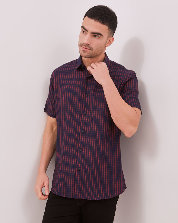 Men's Navy Pattern Regular Fit Short Sleeve Shirt