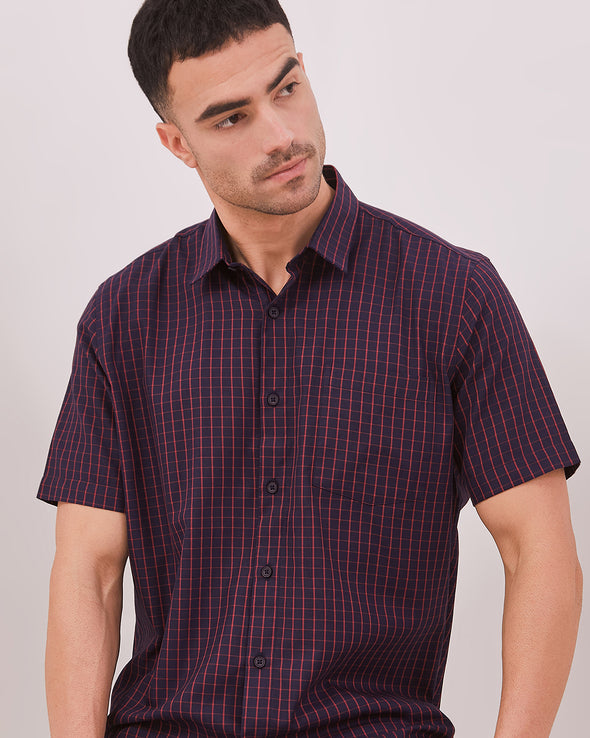 Men's Navy Pattern Regular Fit Short Sleeve Shirt