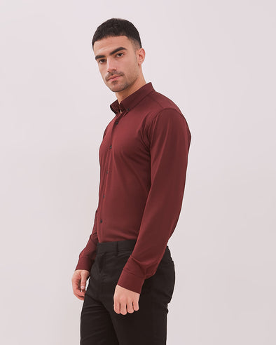 4-Way Stretch Long Sleeve Slim Shirt In Maroon Red