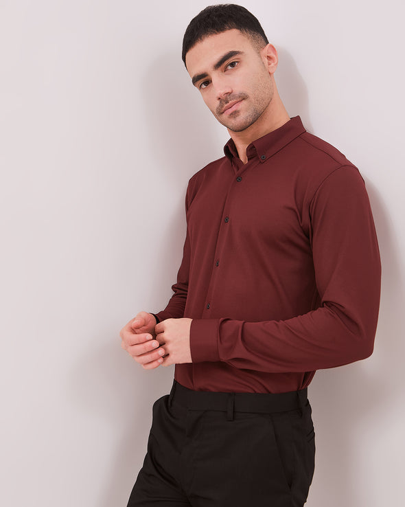 4-Way Stretch Long Sleeve Slim Shirt In Maroon Red