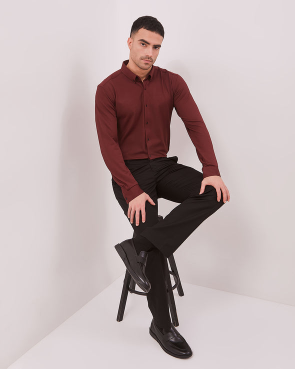 4-Way Stretch Long Sleeve Slim Shirt In Maroon Red