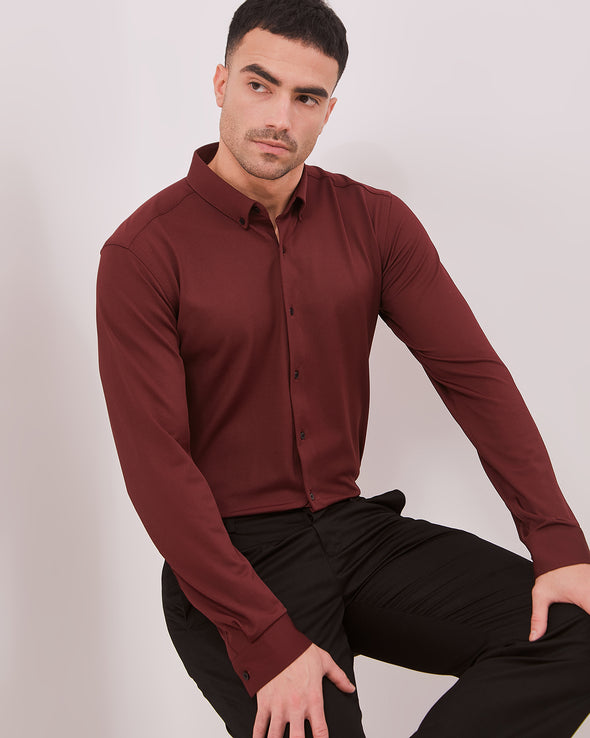 4-Way Stretch Long Sleeve Slim Shirt In Maroon Red