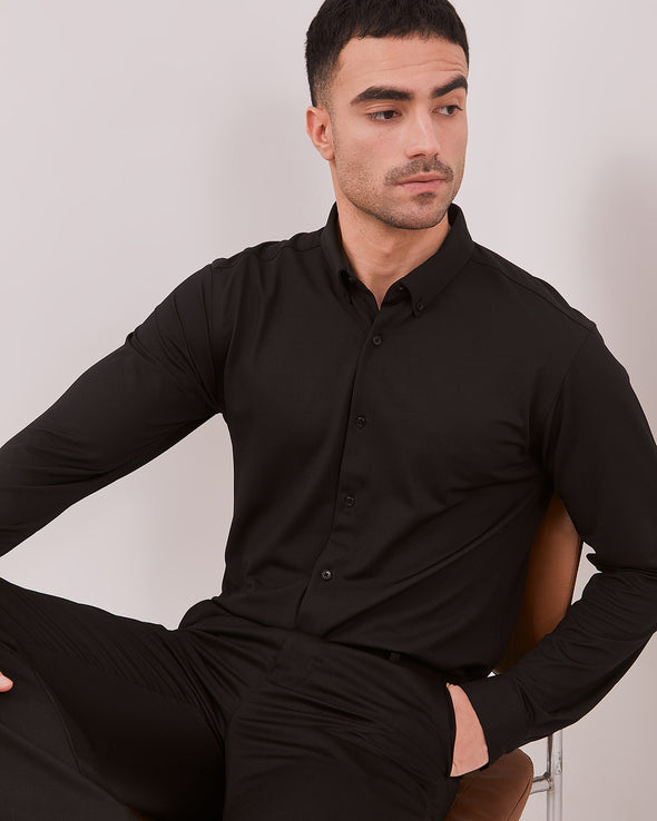 Black 4-Way Stretch Long Sleeve Slim Shirt