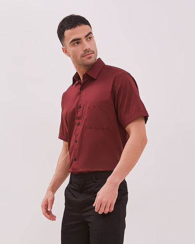 Maroon Red Regular Fit Short Sleeve Shirt For Men