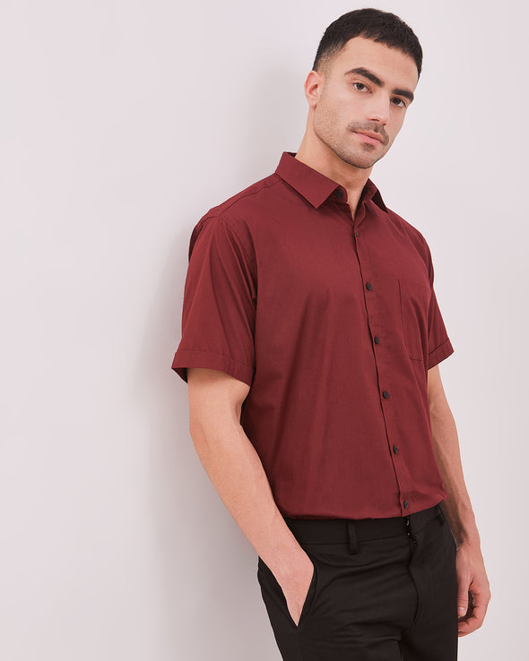 Maroon Red Regular Fit Short Sleeve Shirt For Men
