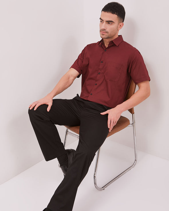Maroon Red Regular Fit Short Sleeve Shirt For Men