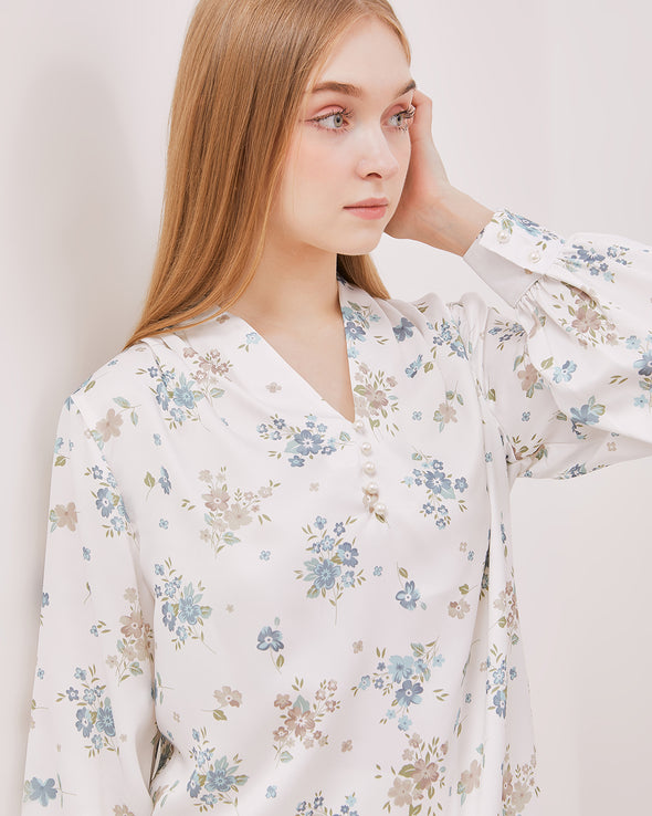 Women's White Printed Long Sleeved Blouse
