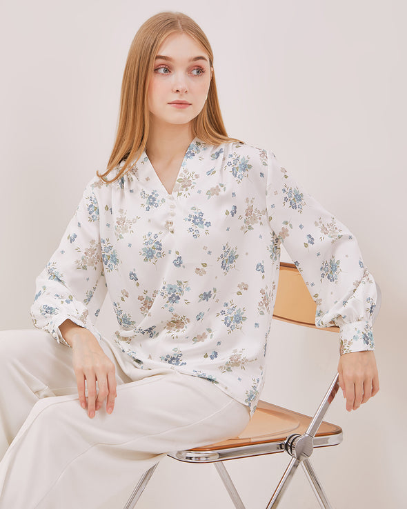 Women's White Printed Long Sleeved Blouse