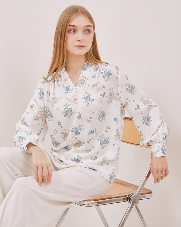Women's White Printed Long Sleeved Blouse