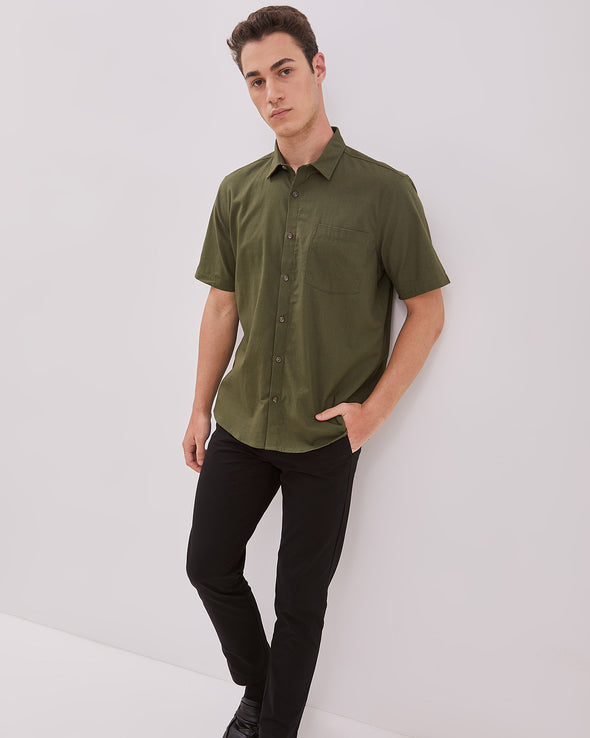 Men's Green Short Sleeve Linen Shirt