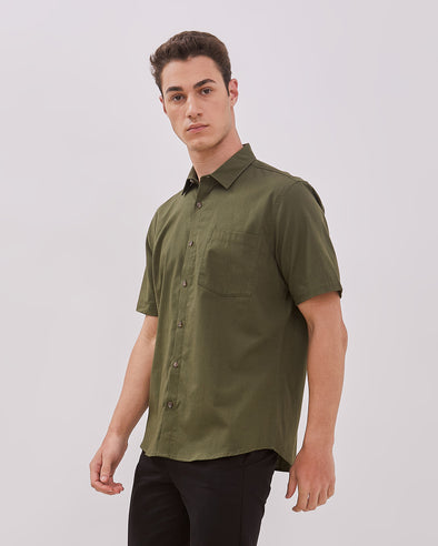 Men's Green Short Sleeve Linen Shirt