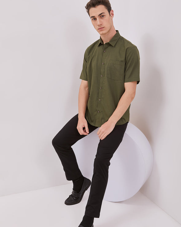 Men's Green Short Sleeve Linen Shirt