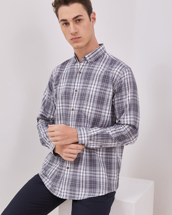 Navy Plaid Long Sleeve Shirt For Men