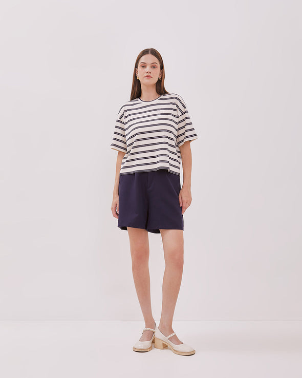 Women's Navy Blue Striped Short Sleeve T-shirt