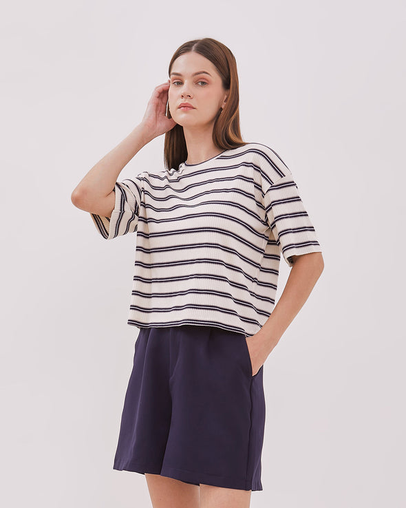 Women's Navy Blue Striped Short Sleeve T-shirt