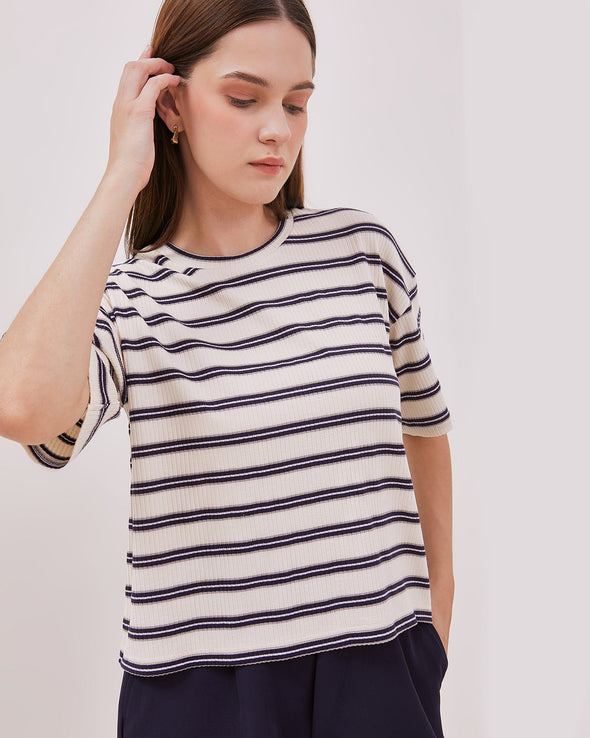 Women's Navy Blue Striped Short Sleeve T-shirt