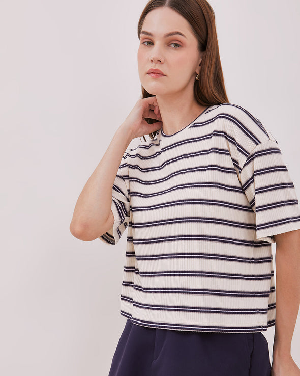 Women's Navy Blue Striped Short Sleeve T-shirt