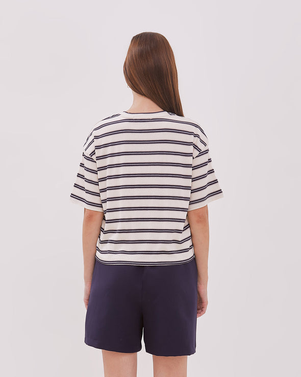 Women's Navy Blue Striped Short Sleeve T-shirt