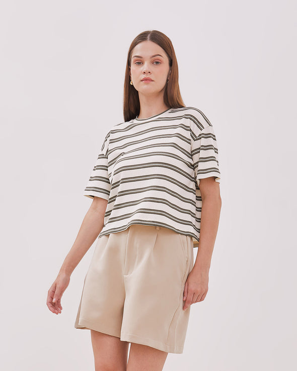 Women's Striped Sage Green Short Sleeve T-shirt