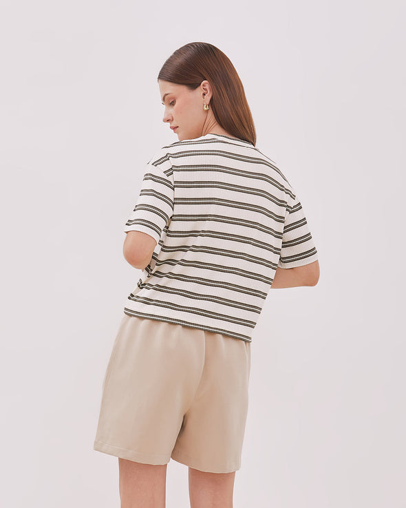 Women's Striped Sage Green Short Sleeve T-shirt