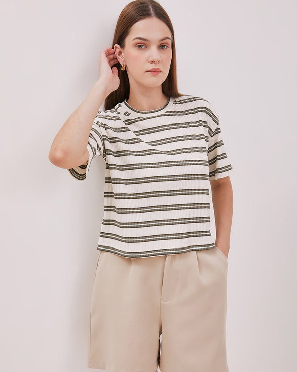Women's Striped Sage Green Short Sleeve T-shirt