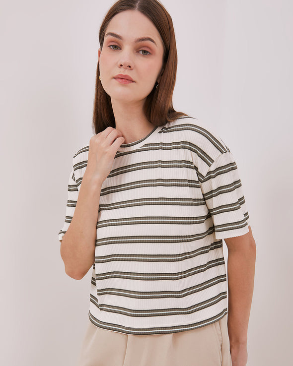 Women's Striped Sage Green Short Sleeve T-shirt