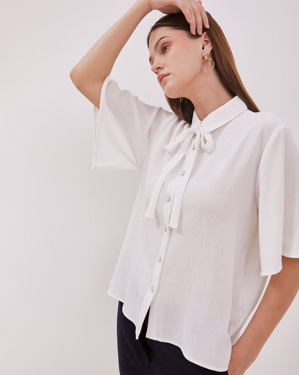 Women's Off-White Bowtie Short Sleeve Shirt