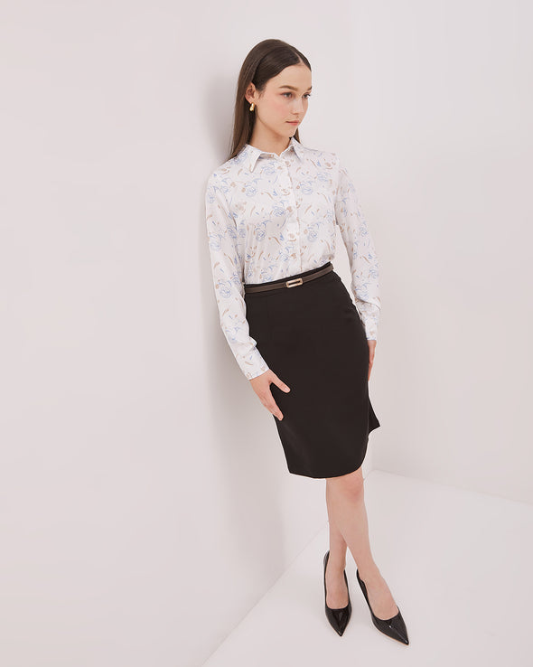 Women's White Long Sleeve Shirt with Pattern