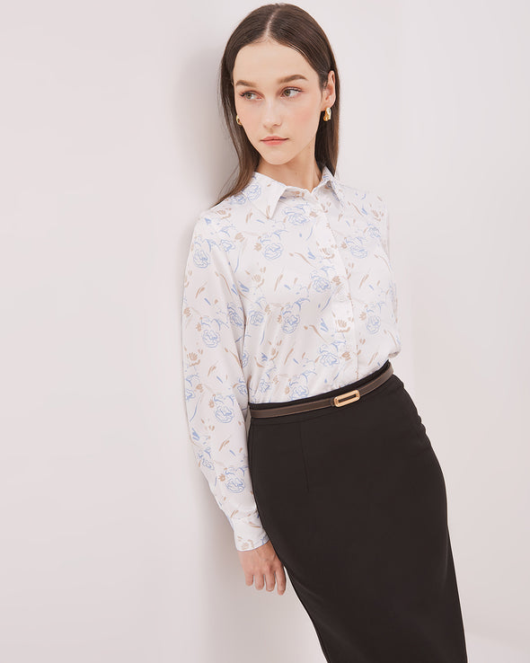 Women's White Long Sleeve Shirt with Pattern