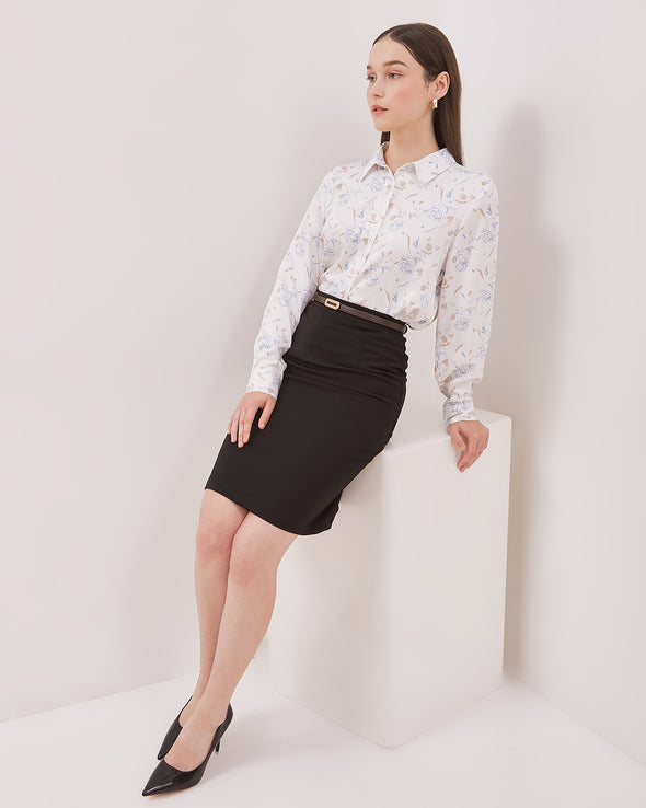 Women's White Long Sleeve Shirt with Pattern