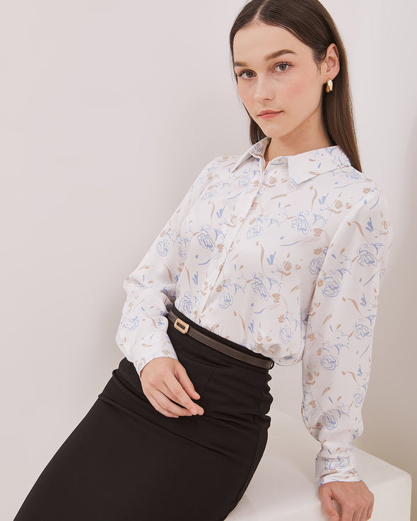 Women's White Long Sleeve Shirt with Pattern